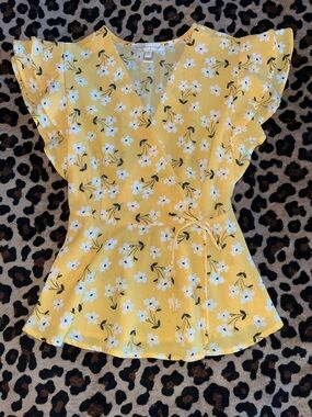 Yellow Floral Wrap Blouse with Flutter Sleeves